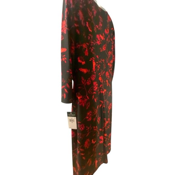 Lauren Ralph Lauren Dress 16 Surplice Jersey Faux Wrap Black Red Midi - Picture 3 of 15